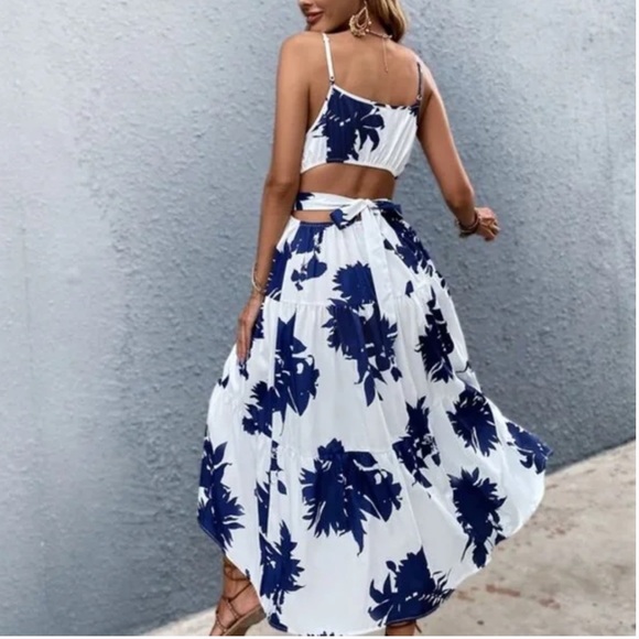 Boho Blue Floral Tropical Leaves Cut out Cami Ruffle Dress - Picture 12 of 12